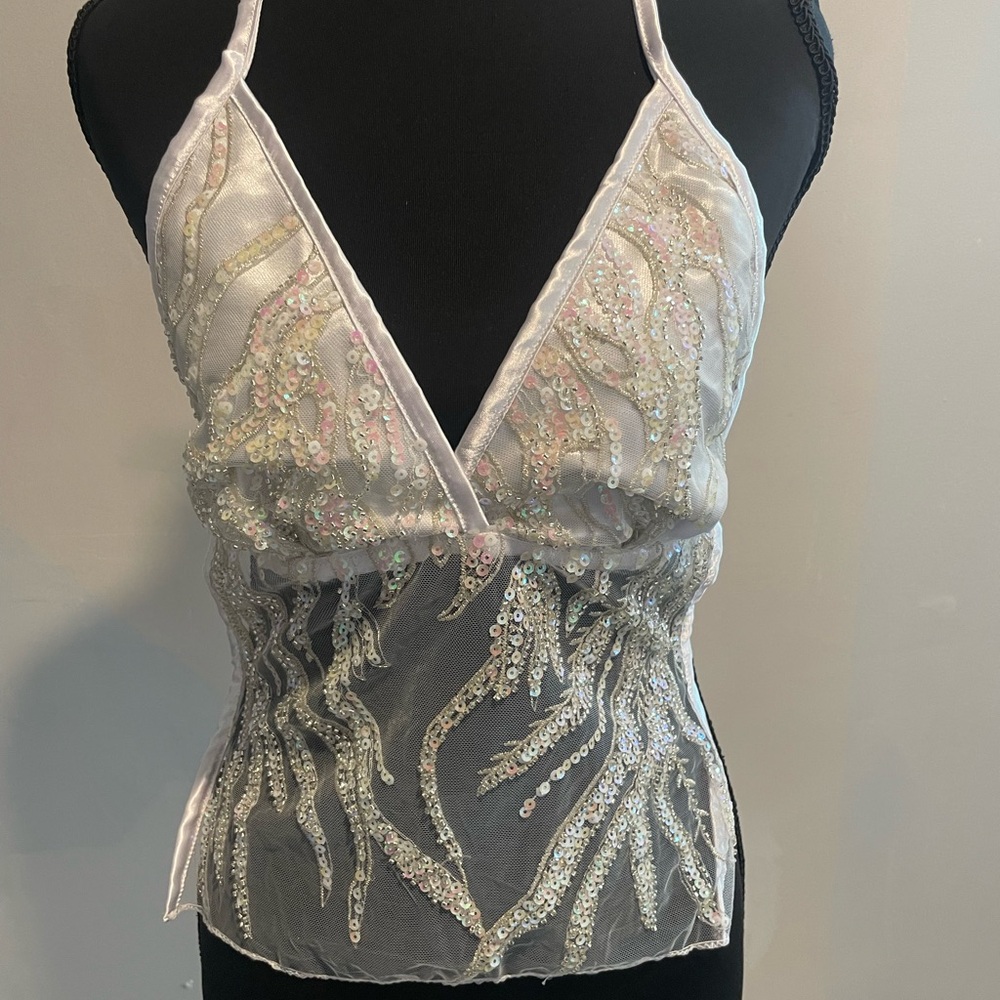 Sequin Embellished Mesh Tank Top - White